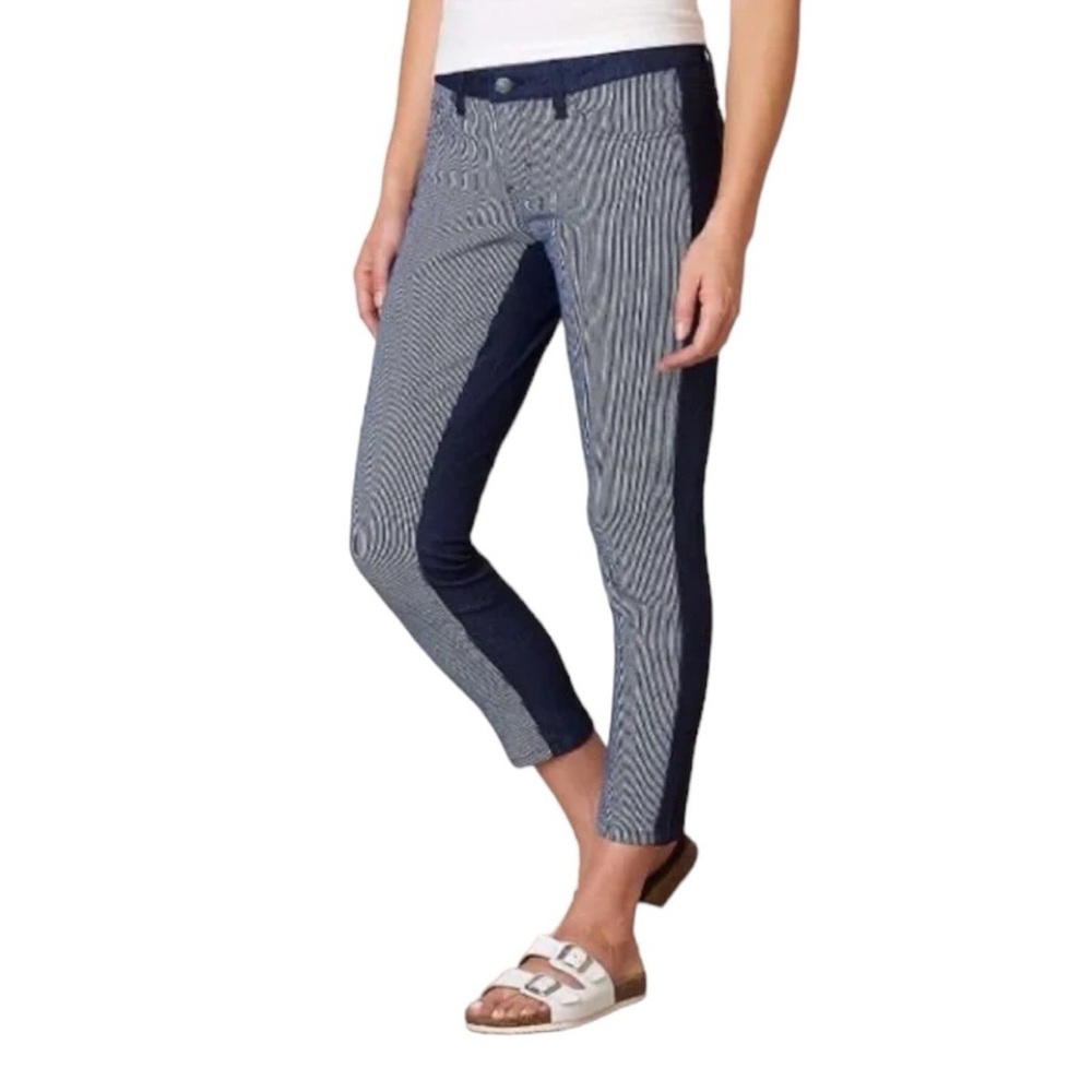 Prana Women’s Indigo Navy Dark Blue Wash Jett Organic Cotton Striped Capri SZ 8